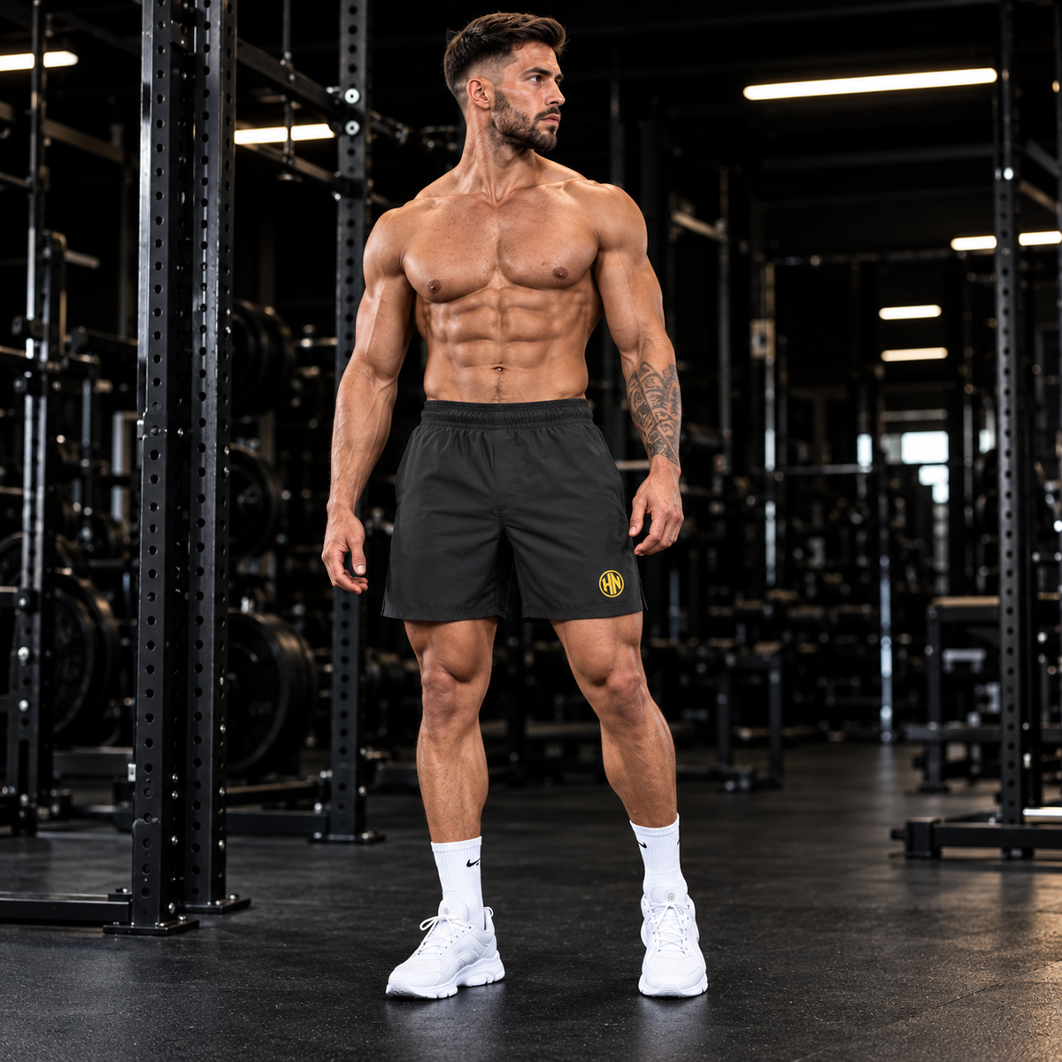 Front view of black Hack Pro Essential Shorts worn in a gym