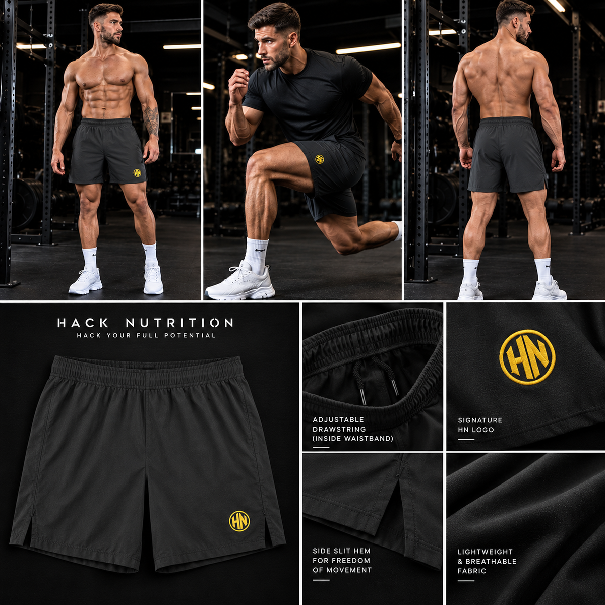 Hack Pro Essential Shorts collage showing front, back, waistband and logo details