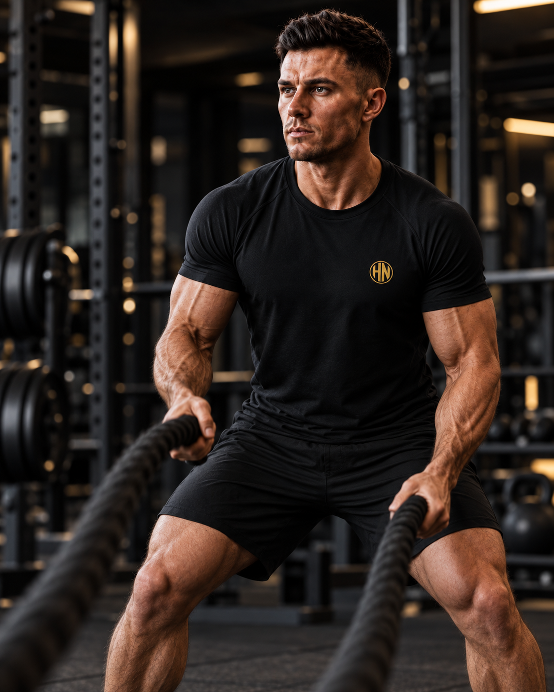 Model using battle ropes in a black Hack Pro Essential T-shirt