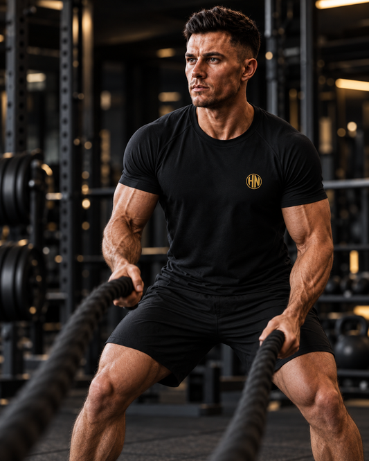 Model using battle ropes in a black Hack Pro Essential T-shirt