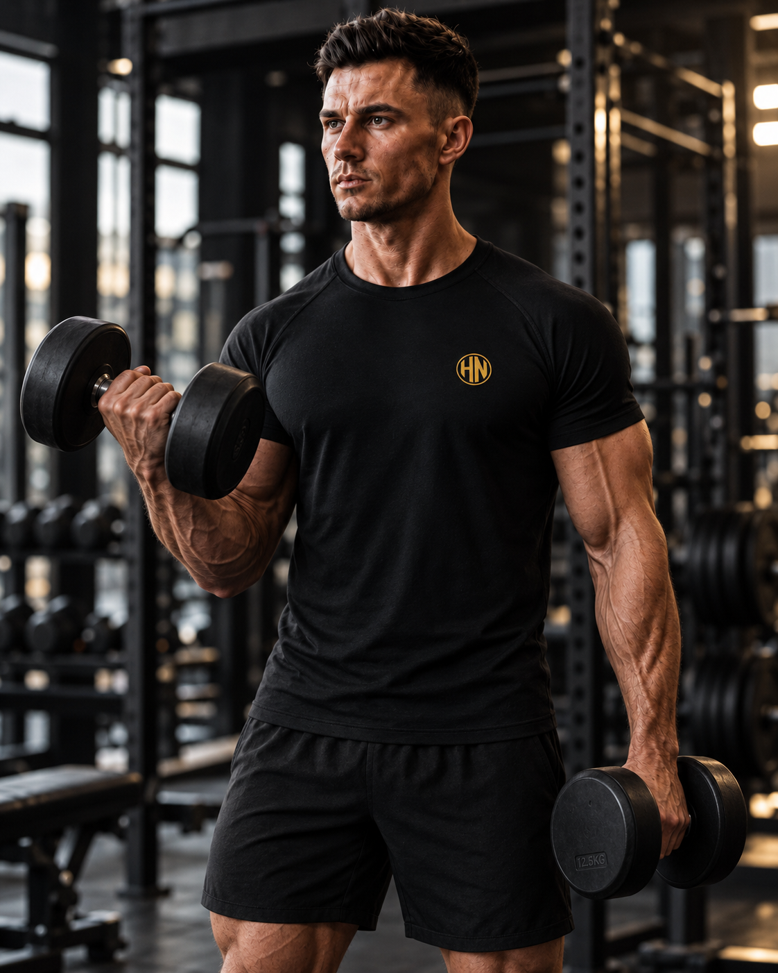 Model lifting dumbbells in a black Hack Pro Essential T-shirt
