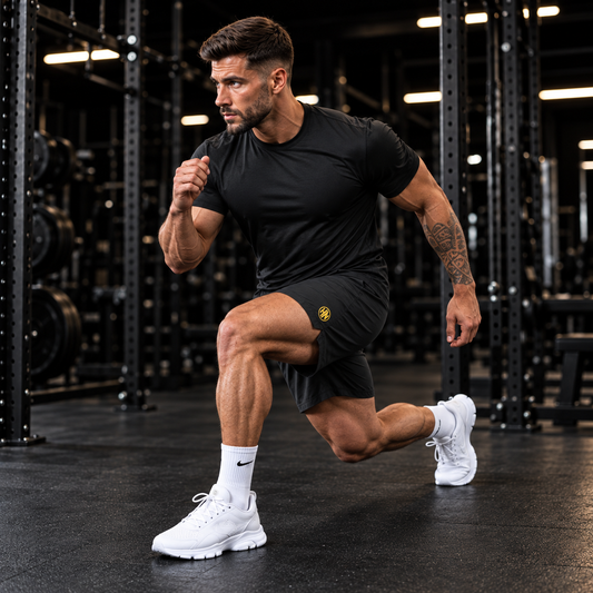 Model performing a lunge in black Hack Pro Essential Shorts