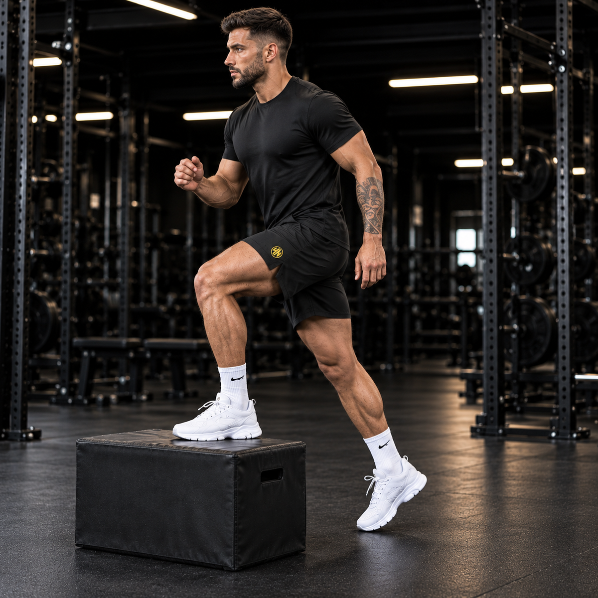 Model stepping onto a gym box in black Hack Pro Essential Shorts