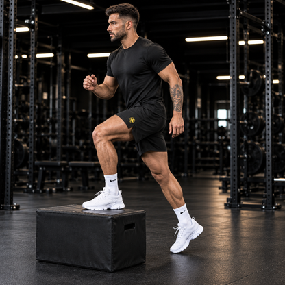 Model stepping onto a gym box in black Hack Pro Essential Shorts
