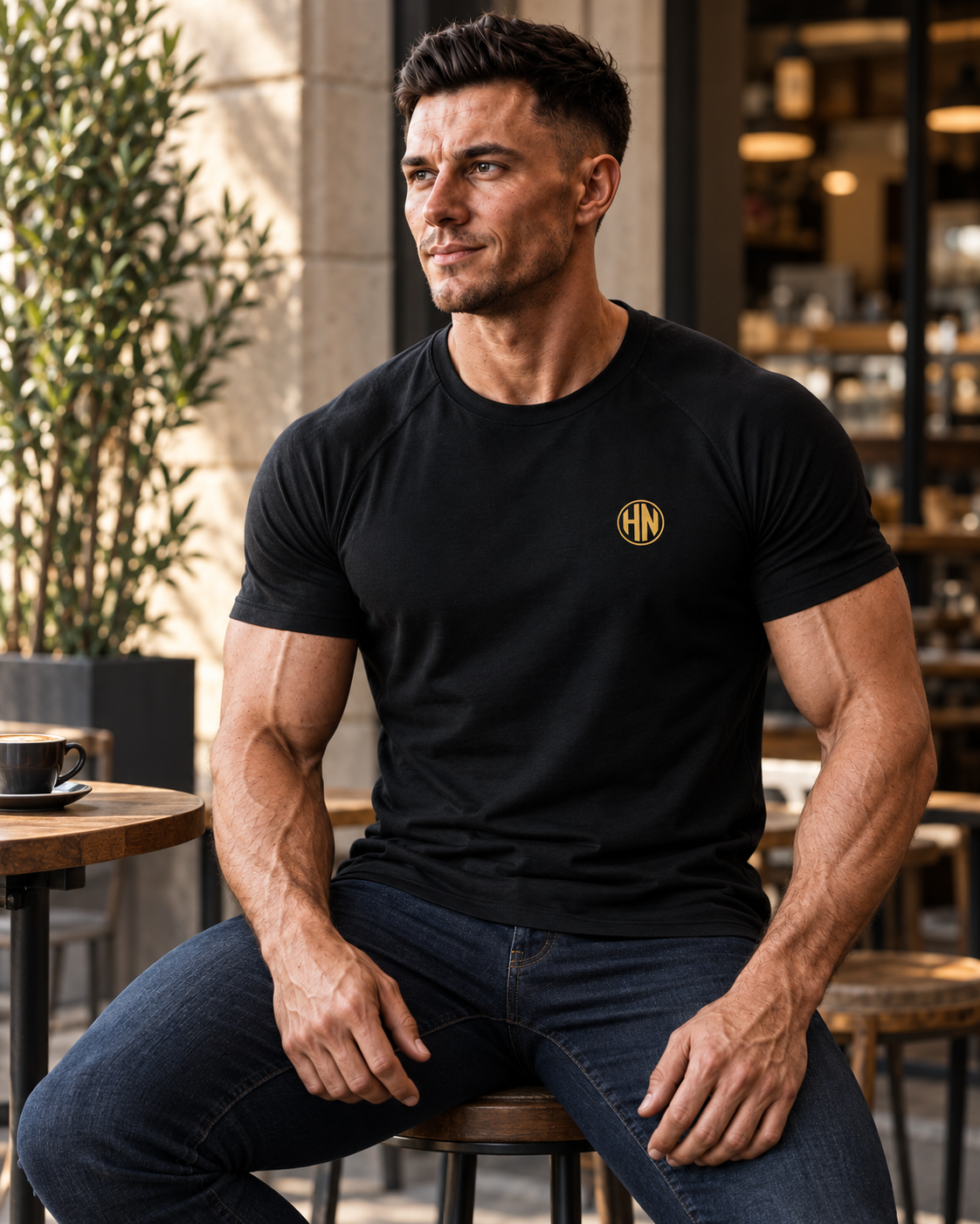 Model seated outdoors in a black Hack Pro Essential T-shirt
