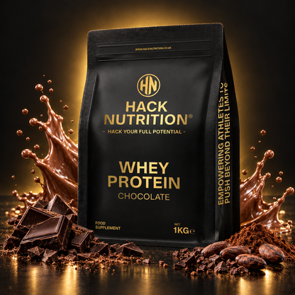 Hack Nutrition chocolate whey protein pouch with chocolate pieces and a chocolate splash