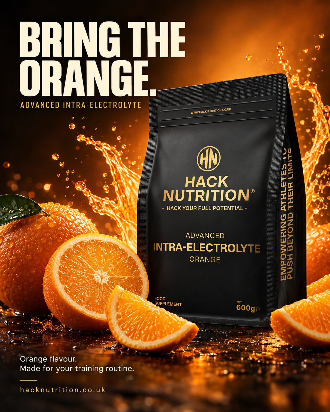 Hack Nutrition orange Advanced Intra-Electrolyte pouch beside sliced oranges