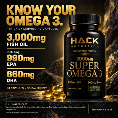 Hack Nutrition Super Omega 3 bottle with fish oil, EPA and DHA serving information