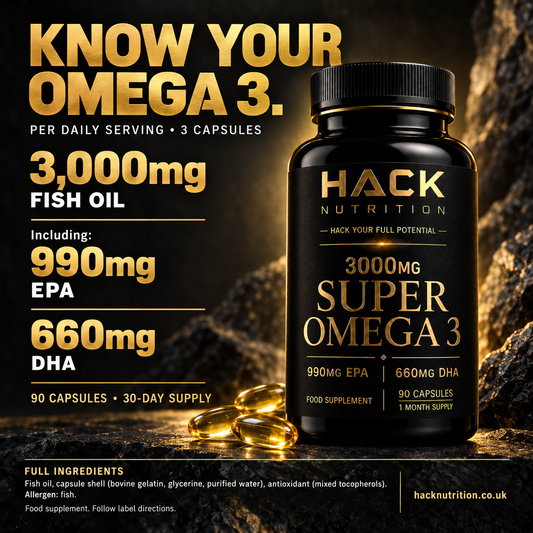 Hack Nutrition Super Omega 3 bottle with fish oil, EPA and DHA serving information