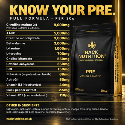 Ingredient amounts per 30 g serving of Hack Nutrition PRE pre-workout
