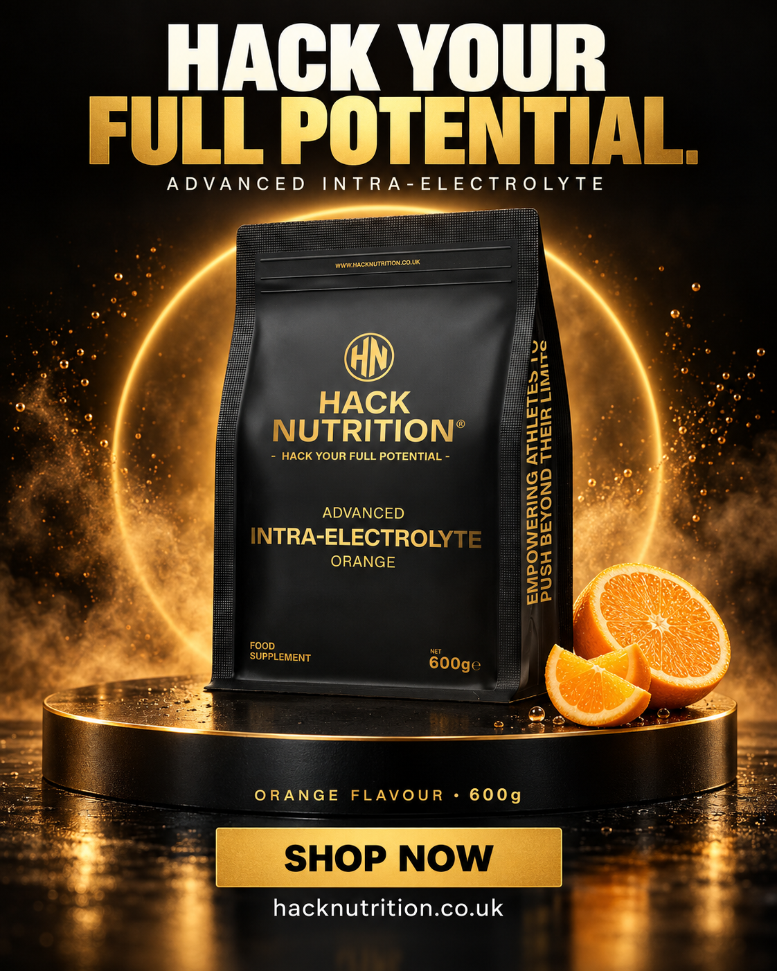 Hack Nutrition orange Advanced Intra-Electrolyte pouch on a gold display stand