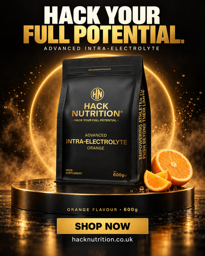 Hack Nutrition orange Advanced Intra-Electrolyte pouch on a gold display stand