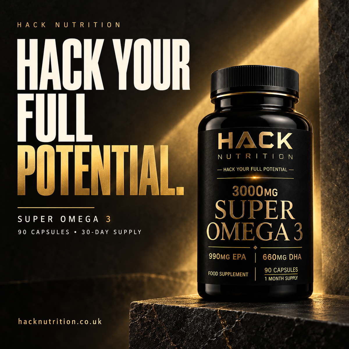Hack Nutrition Super Omega 3 bottle with Hack Your Full Potential lettering