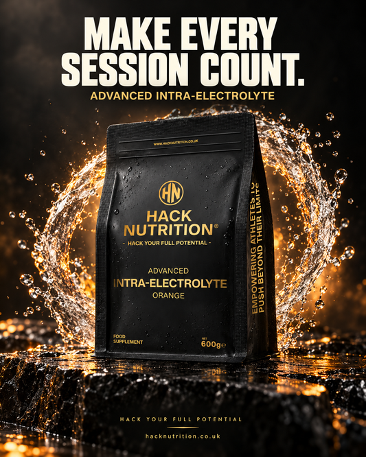 Hack Nutrition Advanced Intra-Electrolyte pouch with a gold liquid splash