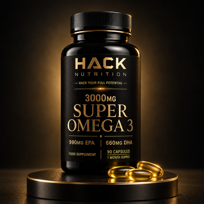 Hack Nutrition Super Omega 3 bottle and capsules on a black display stand