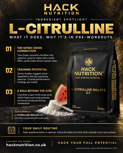 Hack Nutrition L-Citrulline Malate 2:1 pouch with an ingredient information graphic
