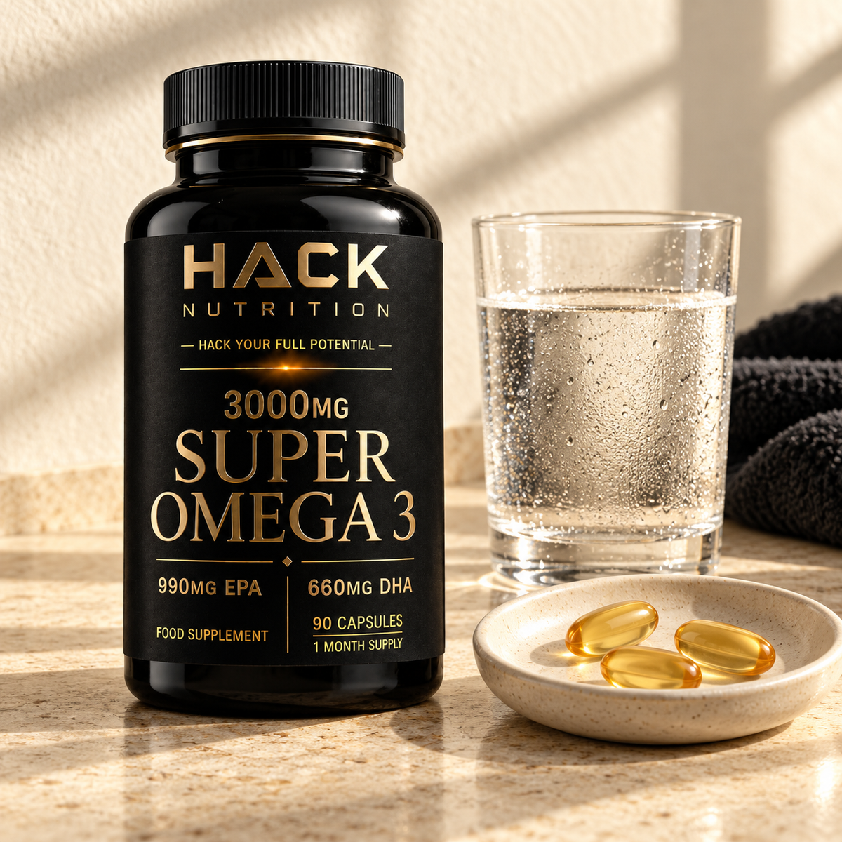 Hack Nutrition Super Omega 3 bottle beside capsules and a glass of water