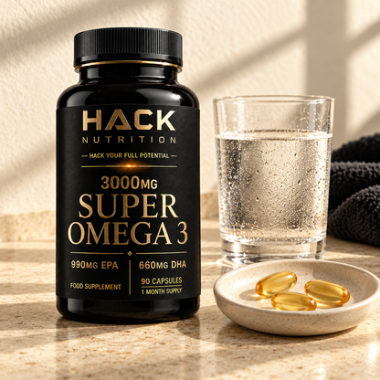 Hack Nutrition Super Omega 3 bottle beside capsules and a glass of water
