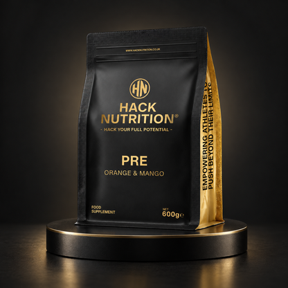Hack Nutrition orange and mango PRE pre-workout pouch on a black display stand