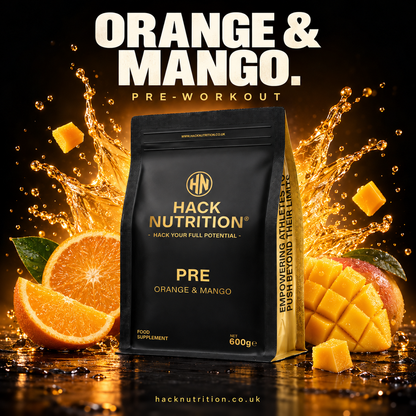 Hack Nutrition orange and mango PRE pre-workout pouch with orange and mango pieces