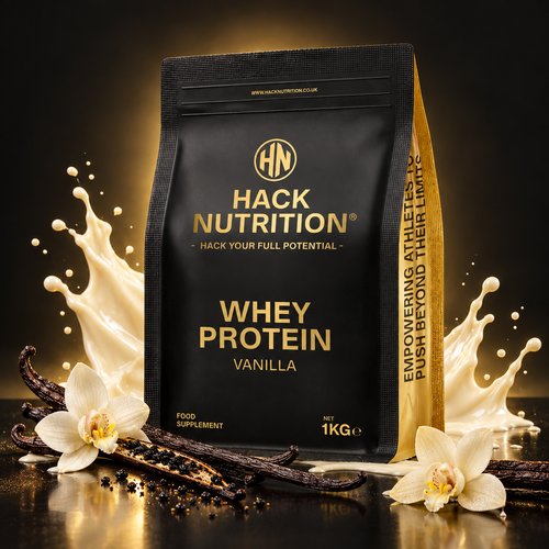 Hack Nutrition vanilla whey protein pouch with vanilla flowers and a creamy splash