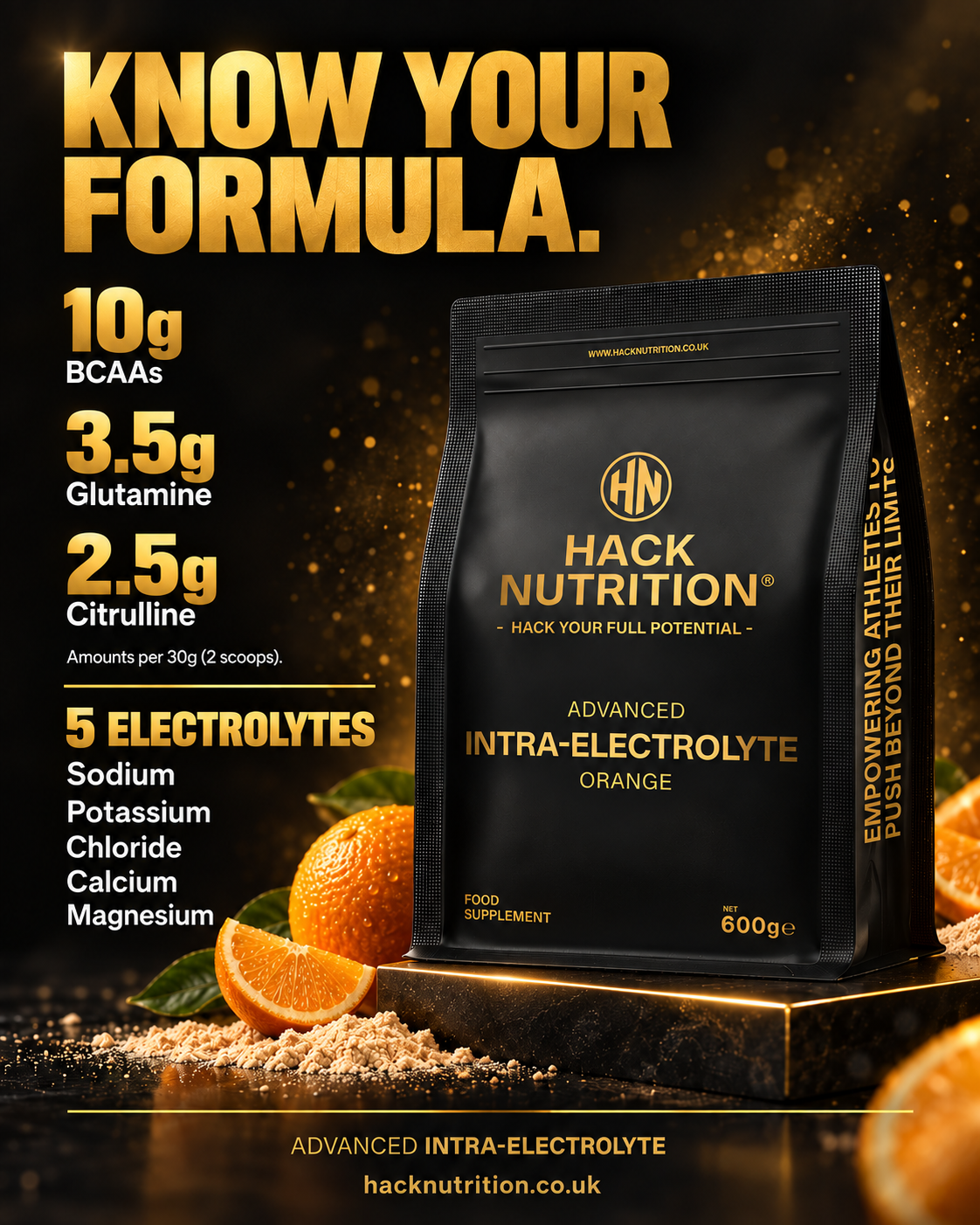 Hack Nutrition Advanced Intra-Electrolyte pouch with orange flavour formula details