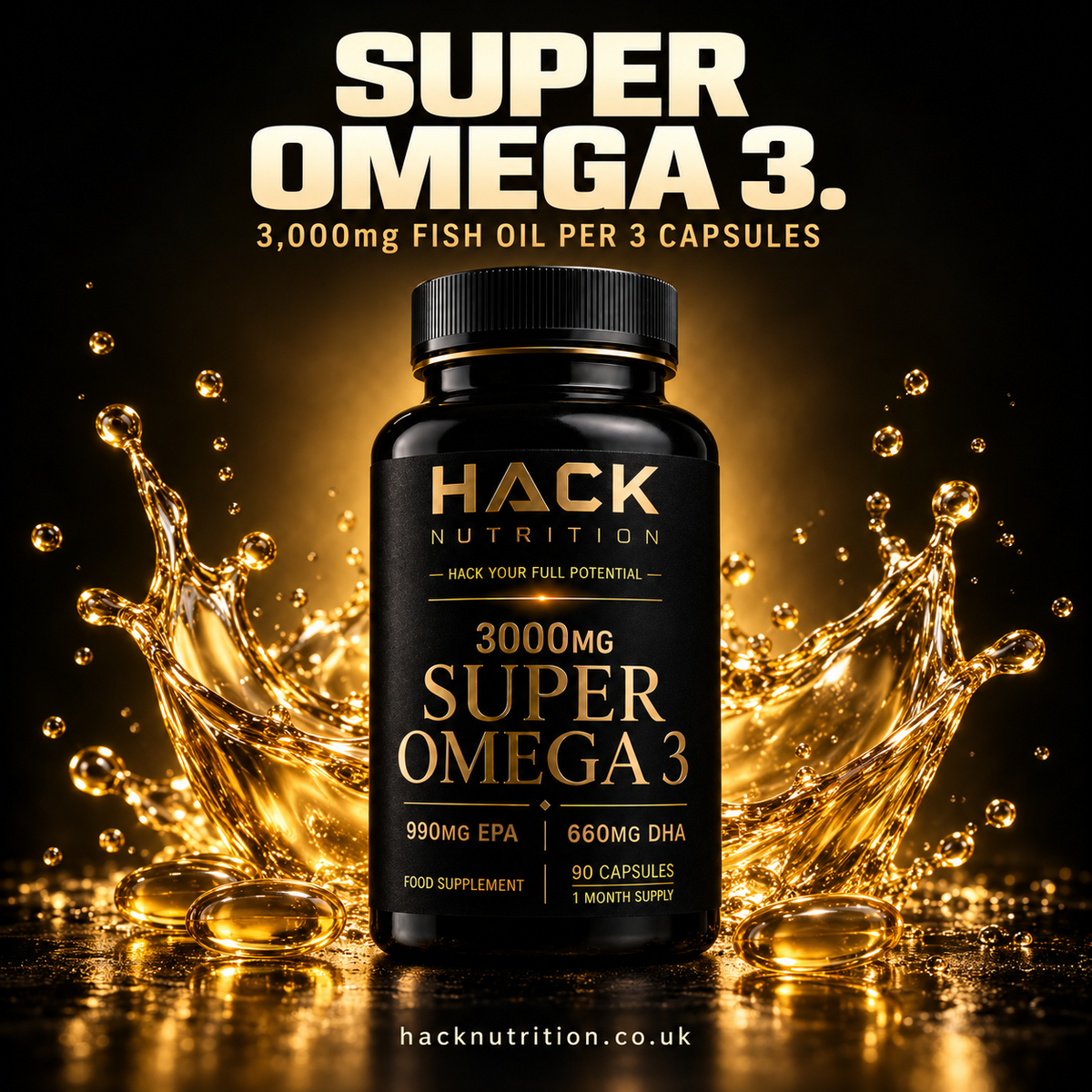 Hack Nutrition Super Omega 3 bottle with a gold liquid splash