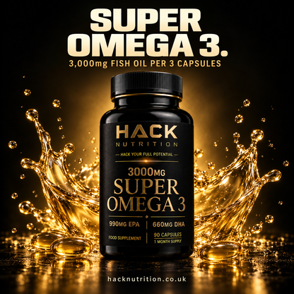 Hack Nutrition Super Omega 3 bottle with a gold liquid splash