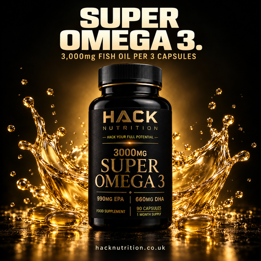 Hack Nutrition Super Omega 3 bottle with a gold liquid splash
